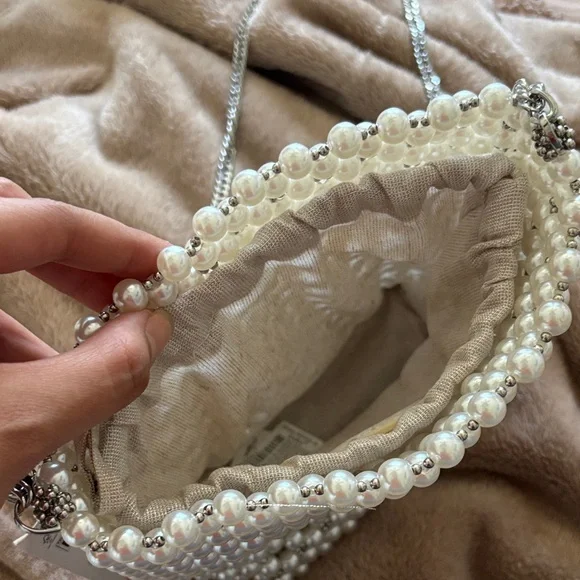Zara Pearl-Embellished Shoulder Bag with Silver Chain - Picture 2 of 3